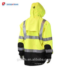 Heavy Duty Rip Stop Waterproof Workers 3M Chaqueta impermeable reflectante con capuchas y gorra y puños elásticos